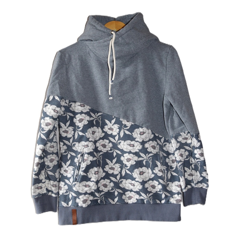 Ampersand Avenue Hoodie Women L Grey Floral Funnel Neck Excellent Sweatshirt